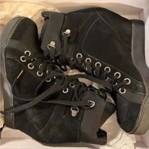 Guess Black Suede Lace-Up Wedge Boots